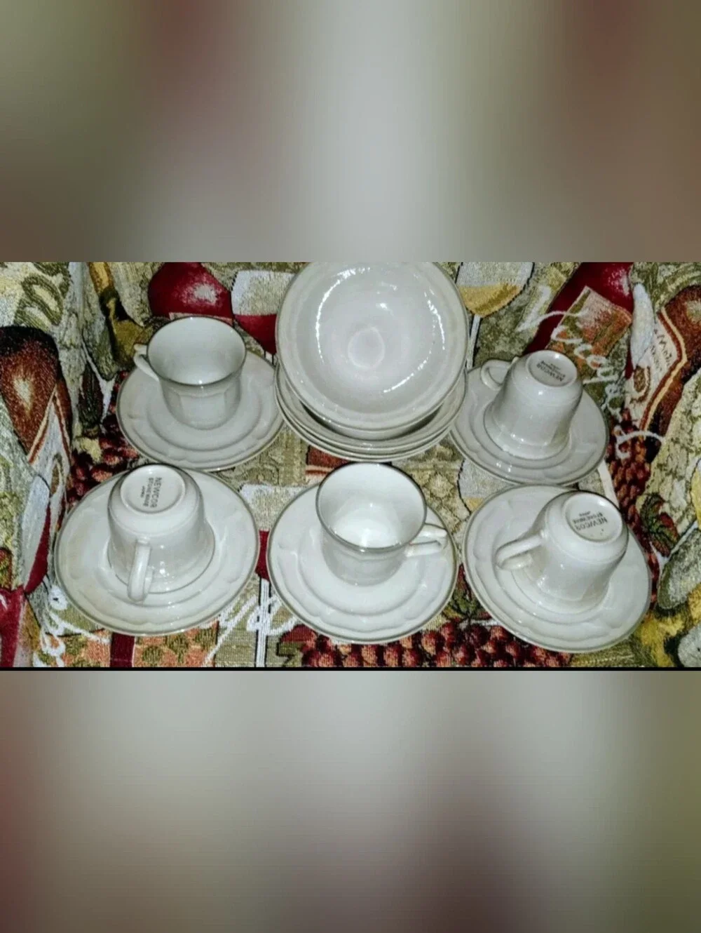 Vintage 1980's NewCor Stoneware Japan 5 Teacup & Saucer Set Plus 4 Bowls W/ Gray